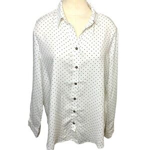 𝅺jane & Delancey White Flowy Blouse Button Down Brown Dots Relax Hi Low Tunic M